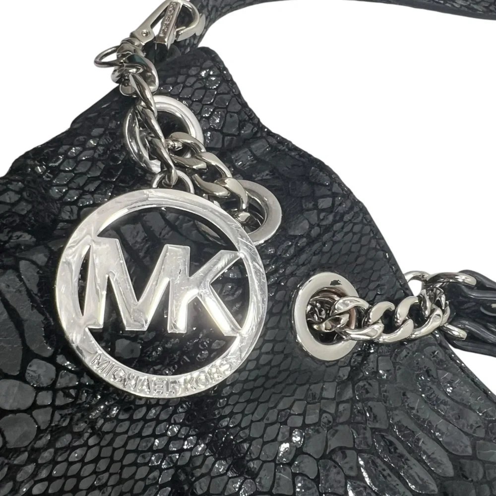 Michael Kors Black Snakeskin Lilly Chain Tote Shoulder Bag